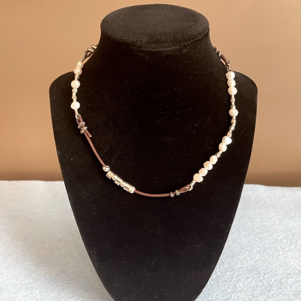Silpada Sterling Silver Pearl Brown Leather Necklace